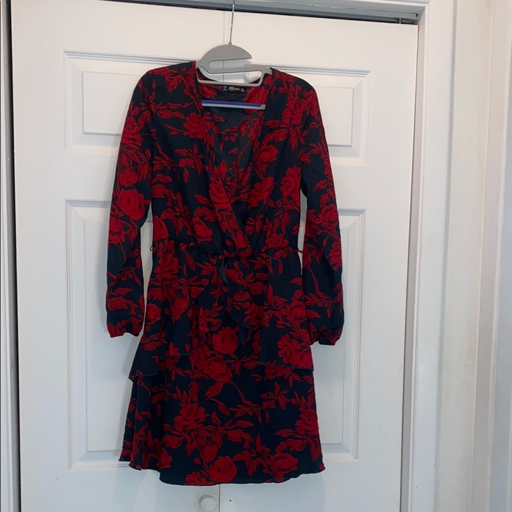 Red and Blue Long Sleeve ruffle Dress